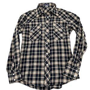 Wiley‎ Shirt Men Small 36 Brown Black Plaid Snap Fitted Western Cowboy Cotton